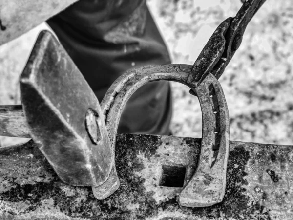 在铁匠车间制造新马蹄的细节 男子铁匠用铁锤把钉子钉在马蹄上 黑人和白人 — 图库照片