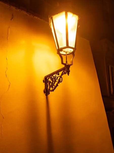 Shining Old Lantern Empty Night Street Prague Town City Czech — Stock Photo, Image