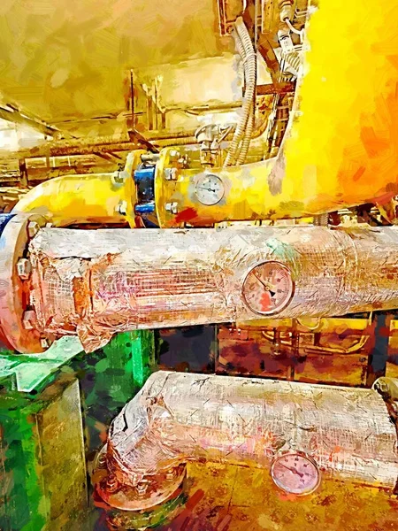 Çevirme Göstergesi Ölçülüyor Gümüş Folyodaki Yalıtım Sistemi Borusunda Endüstriyel Termometre — Stok fotoğraf
