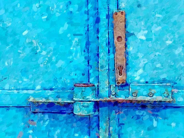 Деталі Системи Блокування Дверей Блакитні Промислові Подвійні Двері Іржавими Знаками — стокове фото