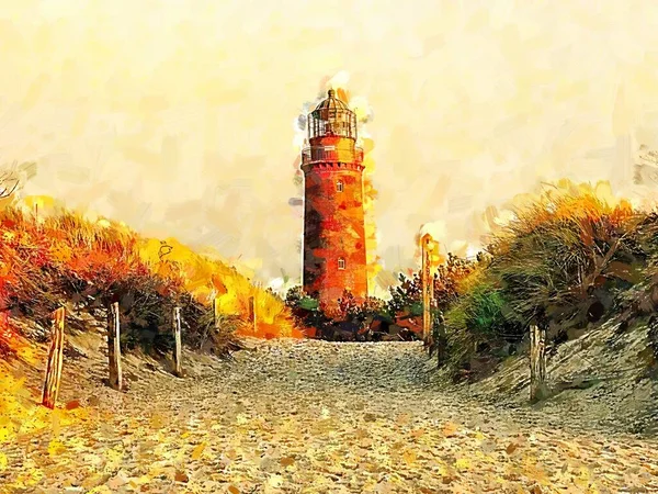 老旧的灯塔在靠近Prerow的Darsser Ort和Natureum 可以俯瞰沙丘 水彩画 — 图库照片
