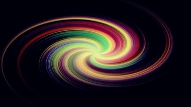 Orta noktada renkli akarsular dönüyor. Renkli siyah arkaplandan döndürme retro dönüşünün soyut canlandırması.