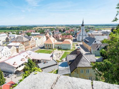 JAVORNIK - CZECH REPUBLIC - JUNE 18, 2022: Summer View of Javornik downtown from Jansky Hill (Jansky Vrch) Castle, Olomouc Region, Czechie