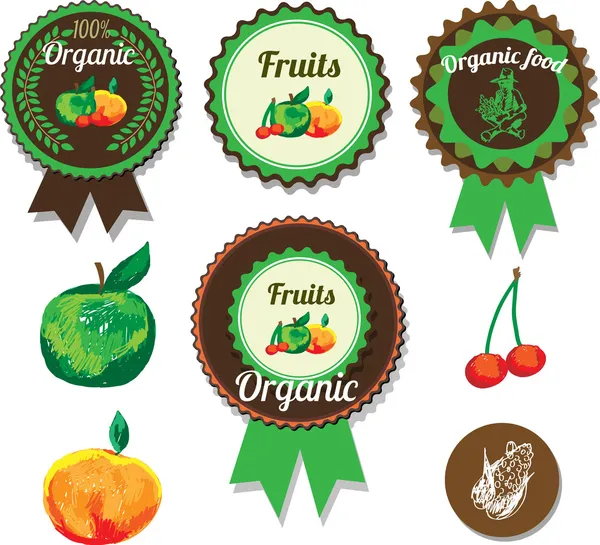 Conjunto de etiquetas de frutas de vectores orgánicos, pegatinas y elementos — Vector de stock