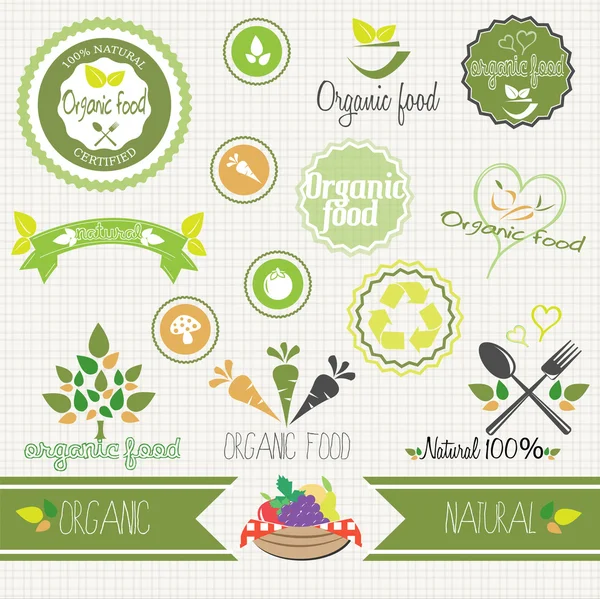 Conjunto de pegatinas, etiquetas y elementos de alimentos orgánicos vectoriales — Vector de stock