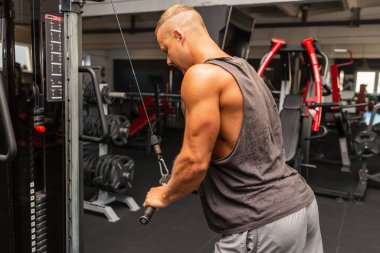 Spor salonunda egzersiz yapan kaslı bir adam, spor salonunda triseps egzersizi yapan. Güçlü çıplak erkek karın kası. Yakışıklı vücut geliştirici. Spor salonunda kapalı alanda çalışıyor..