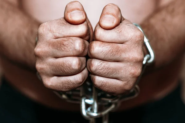 Repented Man Prisoner His Hands Shackled Chains Dark Gray Background — Stock Photo, Image