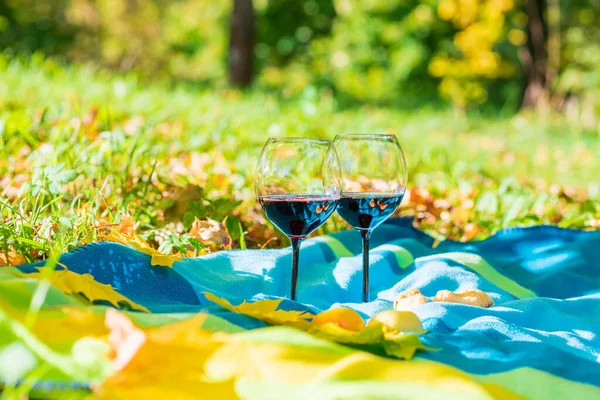 Two wine glasses cozy autumn picnic in the park apple and wine on warm plaid in yellow autumn leaves.Autumn outdoors picnic at sunny park.Selective focus.Blurred background.