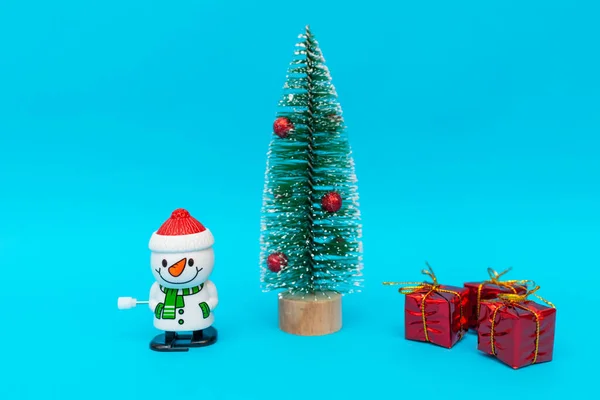 Bonhomme Neige Jouet Cadeaux Arbre Noël Avec Copie Espace Noël — Photo