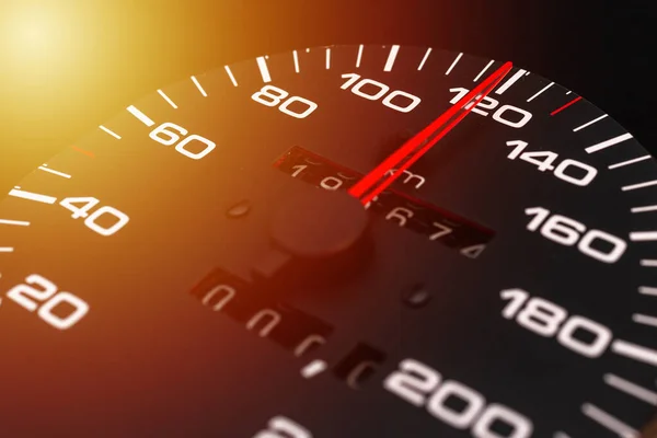 Car Speedometer Needle Pointing High Speed Blackground Speedometer Red Arrow — Stock Photo, Image