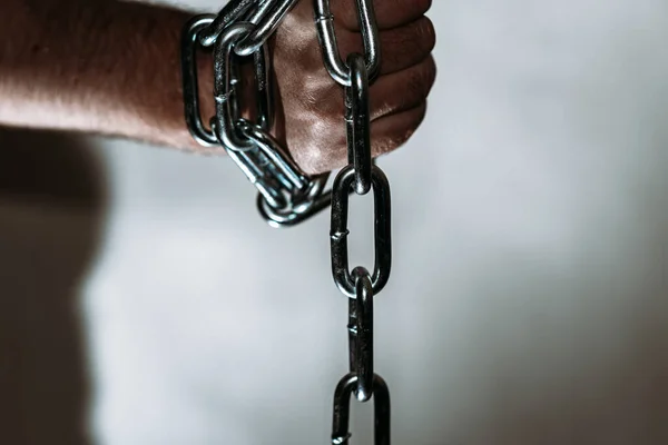 Hand Chain Man Hand Holds Iron Chain Gray Background Copy — Stock Photo, Image