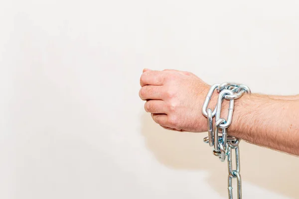 Men Hand Steel Chain Steel Chains Hands Man Gray Wall — Stock Photo, Image