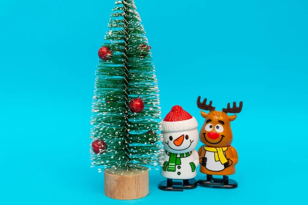 Toys Snowman Deer Christmas Tree Blue Background Copy Space — Stock Photo, Image