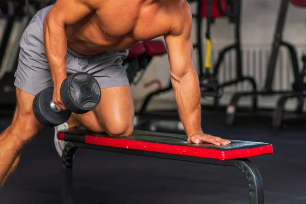 Strongman Bodybuilder Exercising Dumbbell Gym Young Handsome Adult Male Doing — Stock Photo, Image