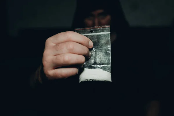 Criminal Holding Plastic Bag Drug Man Holding Transparent Plastic Zip — Stock Photo, Image