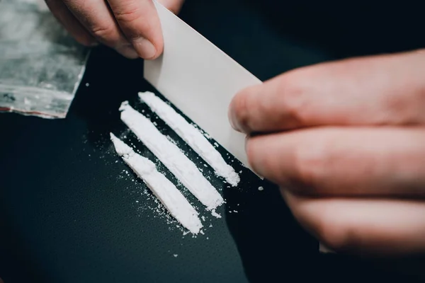 Addict Makes Track Cocaine Addicted Drug User Make Lines White — Stock Photo, Image