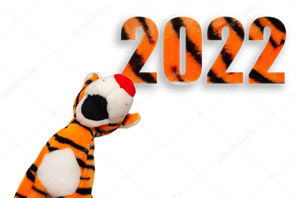 Welcome merry Christmas and happy new year in 2022.Tiger toy singing on a white isolated background.