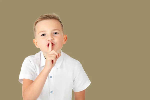 Top Secret Young Schoolboy Holding Finger His Lips Asking Keep — Stock Photo, Image