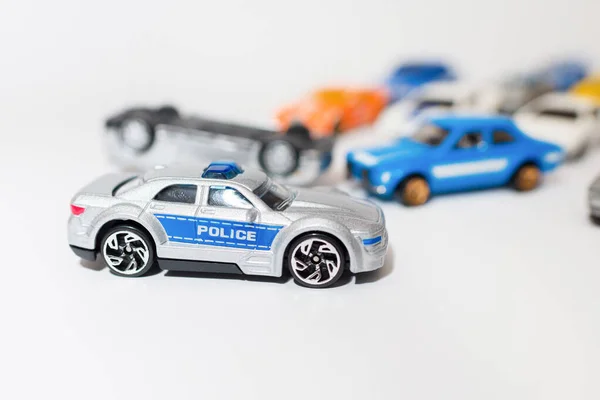 Auto Giocattolo Miniatura Incidente Auto Della Polizia Sfondo Bianco Copia — Foto Stock