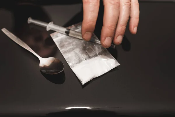 Gros Plan Seringue Drogue Narcotique Cuillère Sac Cocaïne Héroïne Sur — Photo