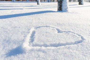 Taze kar manzarasında güzel bir kalp şekli, park ya da orman.