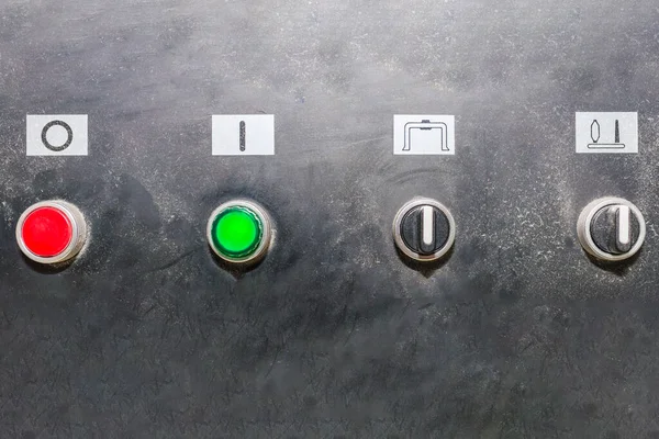 Interruptor Rojo Emergencia Parada Con Botones Verdes Arranque Del Panel — Foto de Stock
