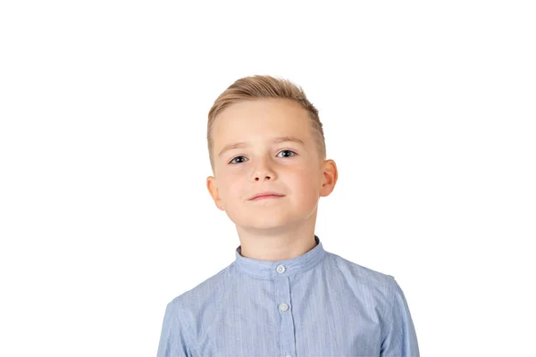 Rapaz Caucasiano Feliz Atraente Olhar Para Câmara Fundo Isolado Branco — Fotografia de Stock