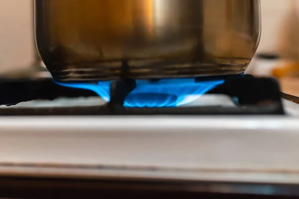 Steel Pot Gas Stove Burning Flame Kitchen Soft Focus Close — Stock Photo, Image