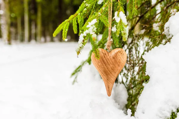 Drewniane Serce Sosna Gałąź Śniegu Zbliżenie Śnieżna Gałąź Lesie Symbol — Zdjęcie stockowe