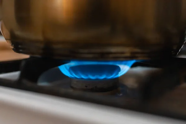 Steel Pot Gas Stove Burning Flame Kitchen Soft Focus Close — Stock Photo, Image