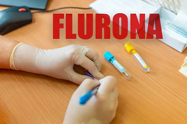 Надпись Flurona Coronavirus Infection Covid Flu Текст Лаборатория Лаборатория Научный — стоковое фото