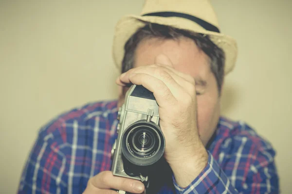 Man Met Camera Cameraman Maken Film Een Retro Camera Man — Stockfoto