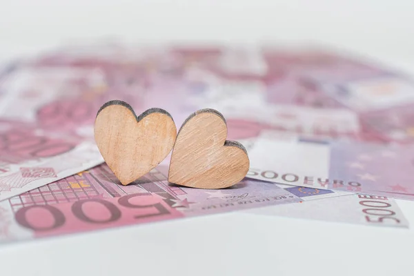 Two Hearts Flat Lay 500 Five Hundred Cash Money Pile — Fotografia de Stock