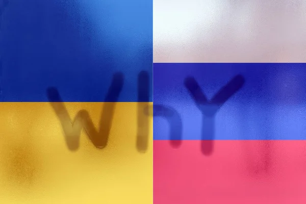 Drapeaux Russie Ukraine Double Exposition Dessiné Inscription Pourquoi Sur Fenêtre — Photo