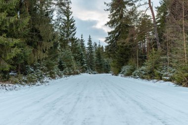 Modern yaya metal köprüsü bulutlu bir kış gününde demiryolu üzerinde yükseltildi..