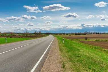 Güneşli bir yaz gününde, arka planda bir orman olan yeşil tarım tarlalarından geçen boş bir asfalt yol..