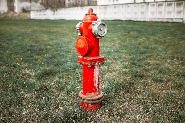 Einzelner Roter Feuerhydrant Auf Grünem Rasen Herbst Frühling Sommertag Getönt — Stockfoto