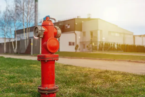 Einzelne Rote Feuerhydranten Auf Grünem Sonnenuntergangrasen Einer Hintergrundfabrik Herbst Frühling — Stockfoto