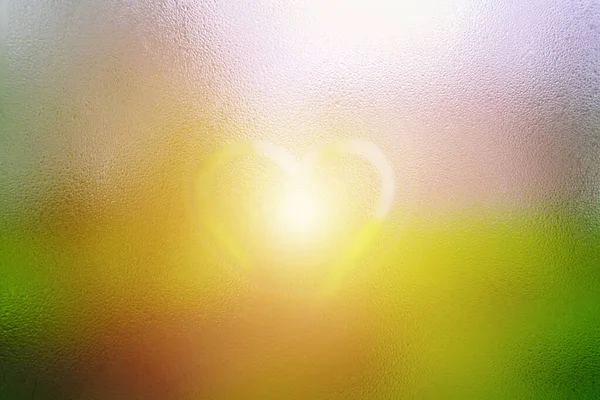 One Heart Drawn Dewy Window Glass Fogged Raindrops Sun Glare — Stock Photo, Image