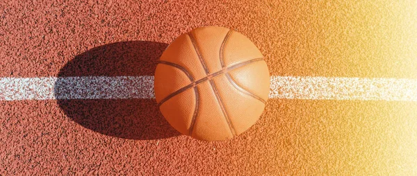 Basketball Banner Old Orange Ball Basketball Lying Rubber Sport Court — Stock Photo, Image