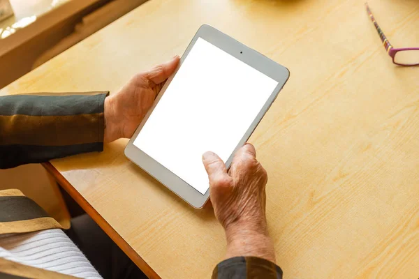 Senior Woman Hands Holding Using Tablet Empty White Screen Mockup — Foto de Stock