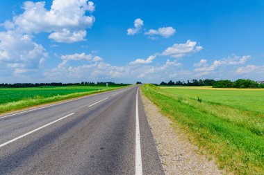 Kırsal yol, mavi gökyüzü, bulutlar ve yeşil çayır ve yaz manzarasında ağaçlar..