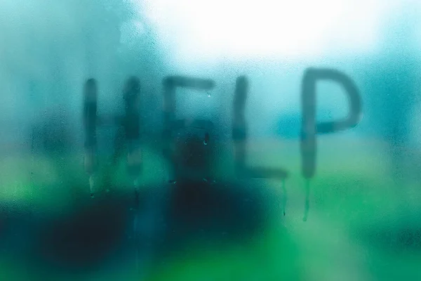 Help Inscription Dewy Foggy Window Call Help Selective Focus Blurred — Foto Stock