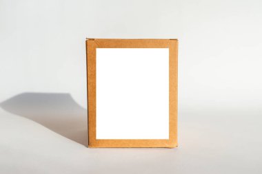 Beyaz bir arkaplan üzerinde kapalı kahverengi karton kutu. Mesaj için beyaz boşluk.