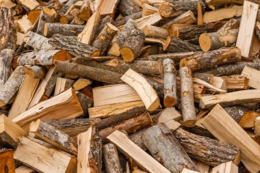 Evi ısıtmak için hazırlanmış odun yığını. Kışın ısıtmaya hazır odun. Kesilmiş odun. Çevre geçmişi..