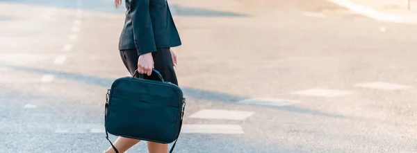 Cropped View Pretty Business Woman Walking City Street Laptop Bag — Stockfoto