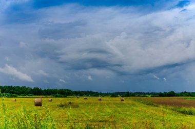 Fırtınalı yaz gününde ormanla çevrili muhteşem yeşil vadideki tarım arazileri. Kötü hava akşamı..