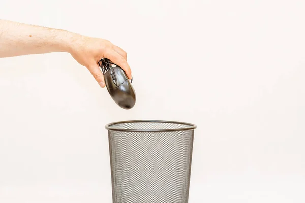 Computer Mouse Thrown Trash Basket White Gray Background Selective Focus — Stockfoto