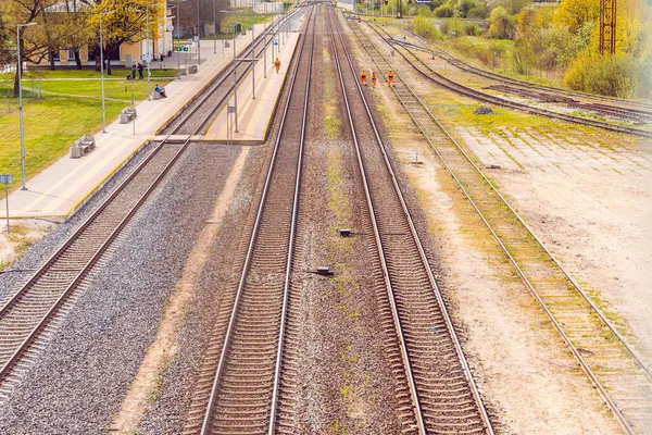 Empty Multiple Train Tracks Summer Blue Sky Background Telsiai Lithuania — 图库照片