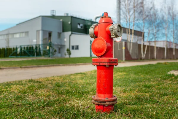 Einzelne Rote Feuerhydranten Auf Grünem Rasen Hintergrund Fabrik Herbst Frühling — Stockfoto